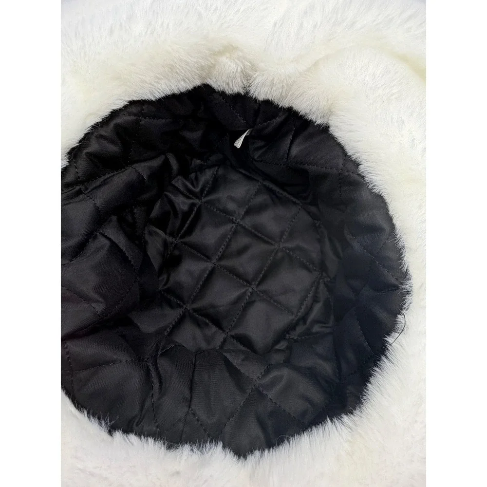 White Faux Fur‎ Bucket Hat Women Plush Fuzzy Winter Cloche Quilted Lining Solid